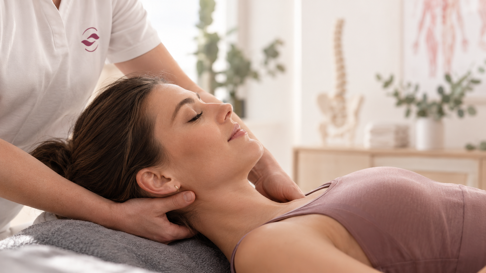 Osteopathische Behandlung: Hände stützen sanft Kopf und Nacken einer liegenden Patientin